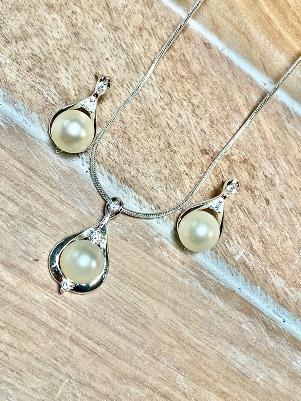 Genuine Pearl Drop Necklace and Earrings Set Cream Pearls in 925 Sterling Silver